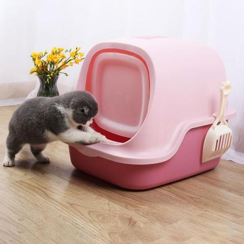 Large Cat Litter Box with Cover Closed Pet Litter Box and Scooper (Pink)