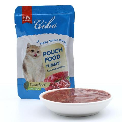 Gibo Wet Pouch cat food with tuna and beef shreds in gravy Pouch 85g