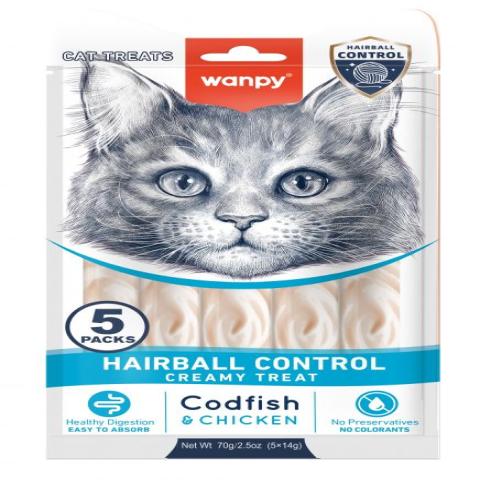 Wanpy Adult Cat Functional Creamy Lickable Treat - Cod Fish & Chicken (Hairball Control) 70 g